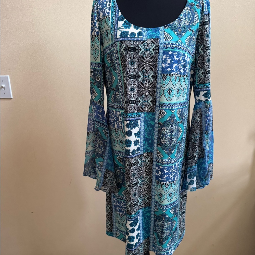 Ronni Nicole Blue Green Sheath Dress with Bell Sleeves